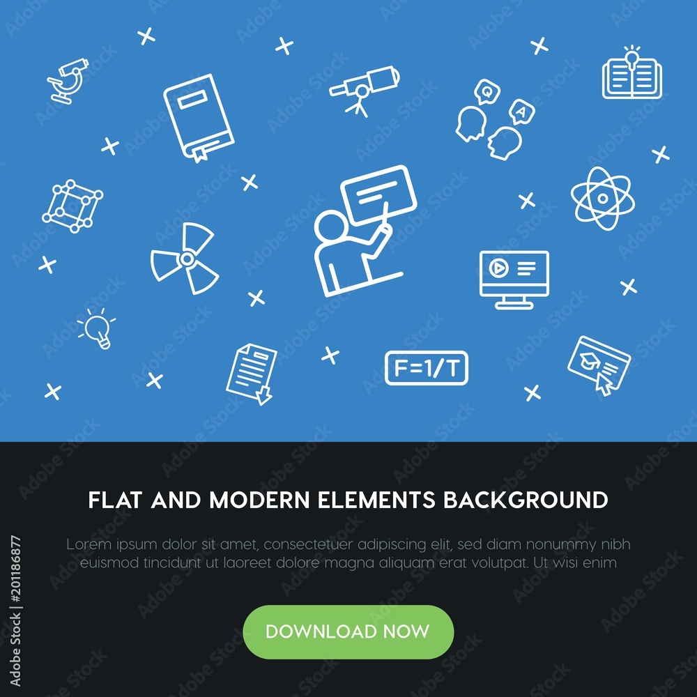 Poster science, education outline vector icons and elements background concept on blue background...multipu