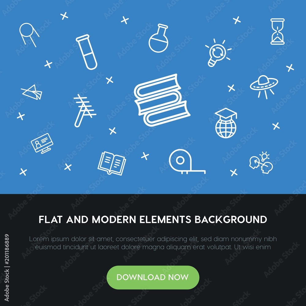 Poster science, education outline vector icons and elements background concept on blue background...multipu