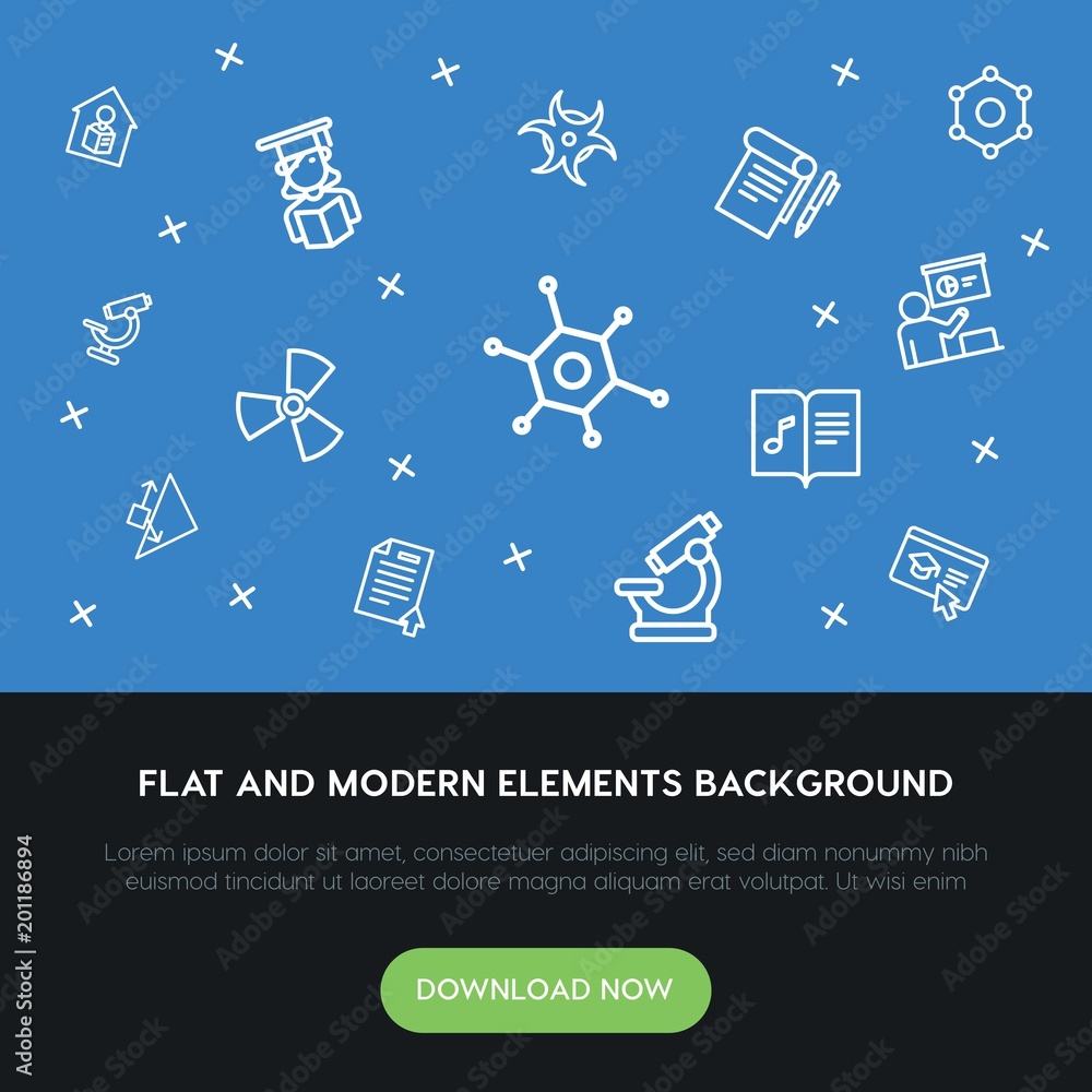 Poster science, education outline vector icons and elements background concept on blue background...multipu