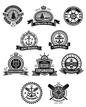 Nautical and marine isolated heraldic badge set