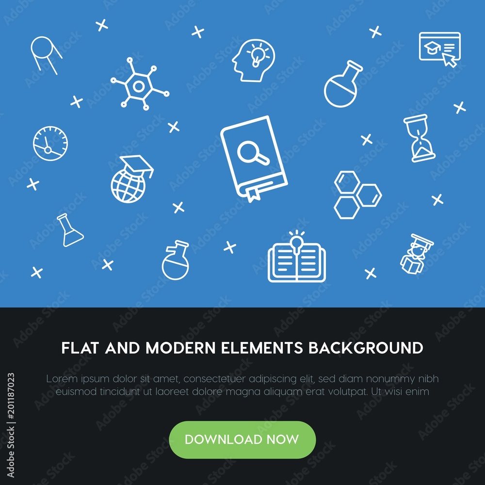 Poster science, education outline vector icons and elements background concept on blue background...multipu
