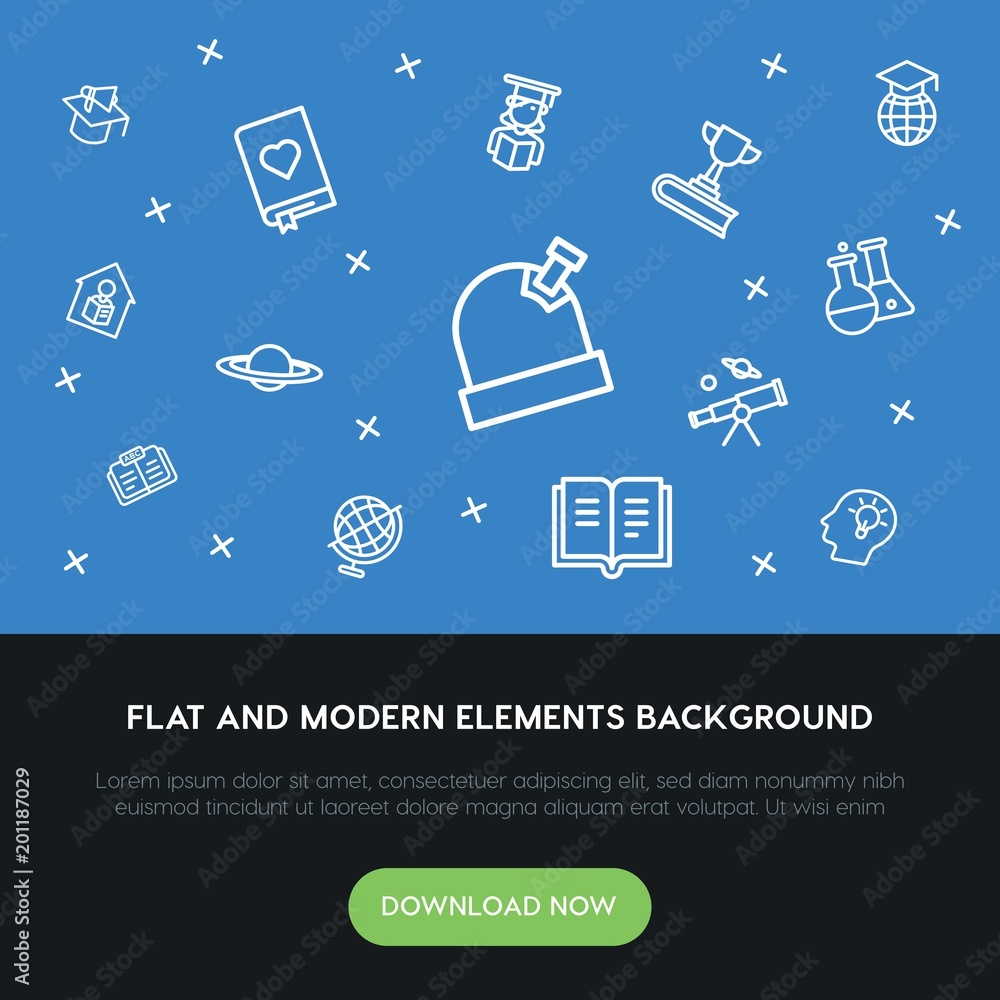 Poster science, education outline vector icons and elements background concept on blue background...multipu