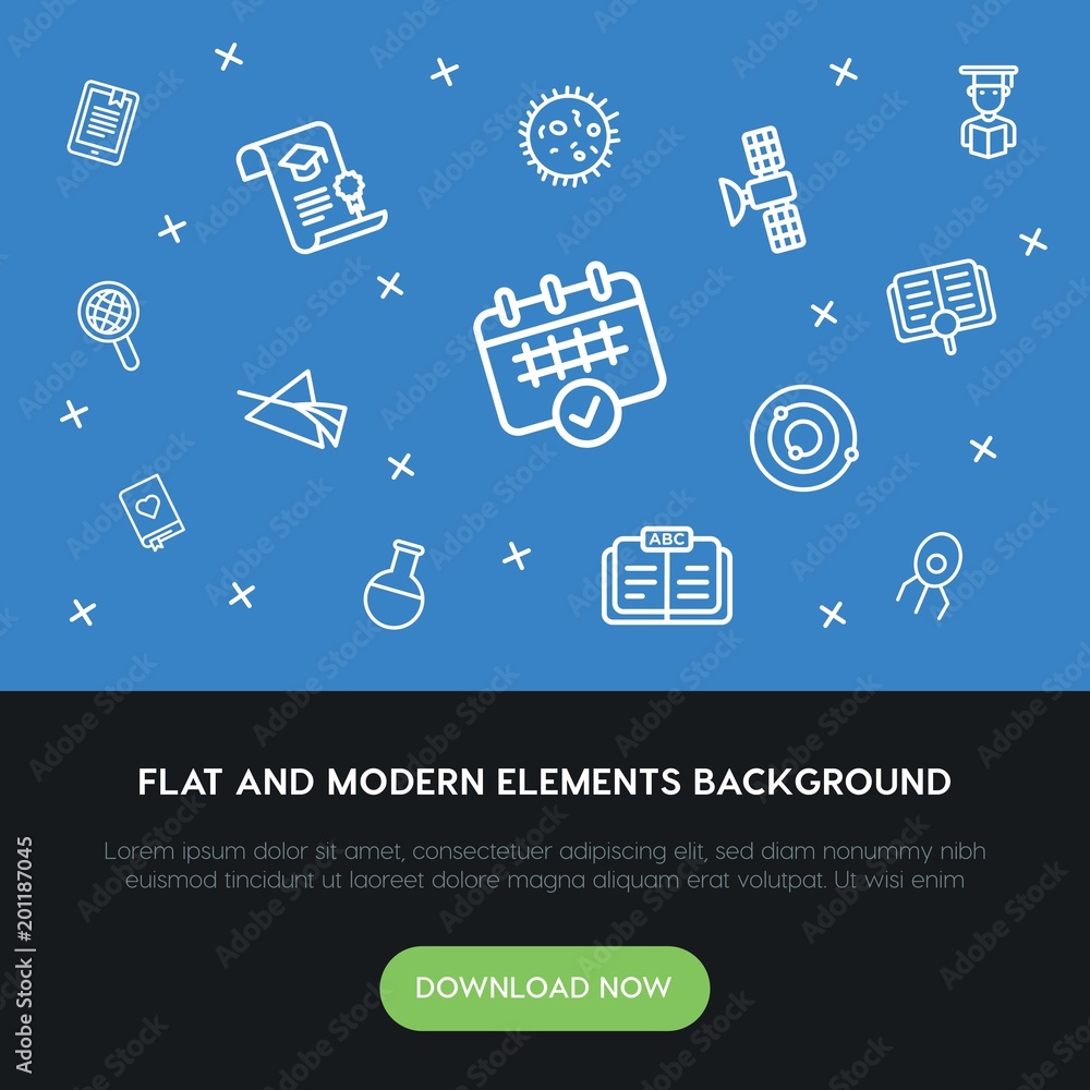 Poster science, education outline vector icons and elements background concept on blue background...multipu