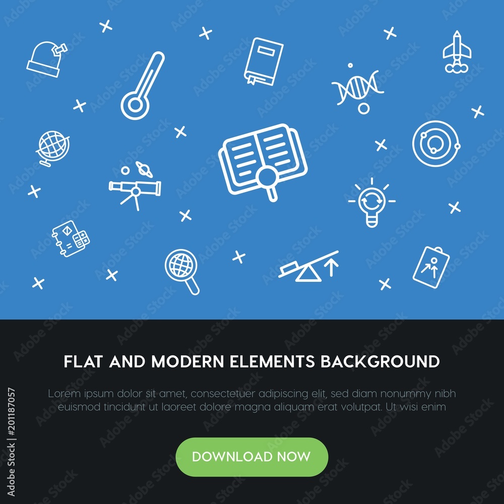 Poster science, education outline vector icons and elements background concept on blue background...Multipurpose use on websites, presentations, brochures and more