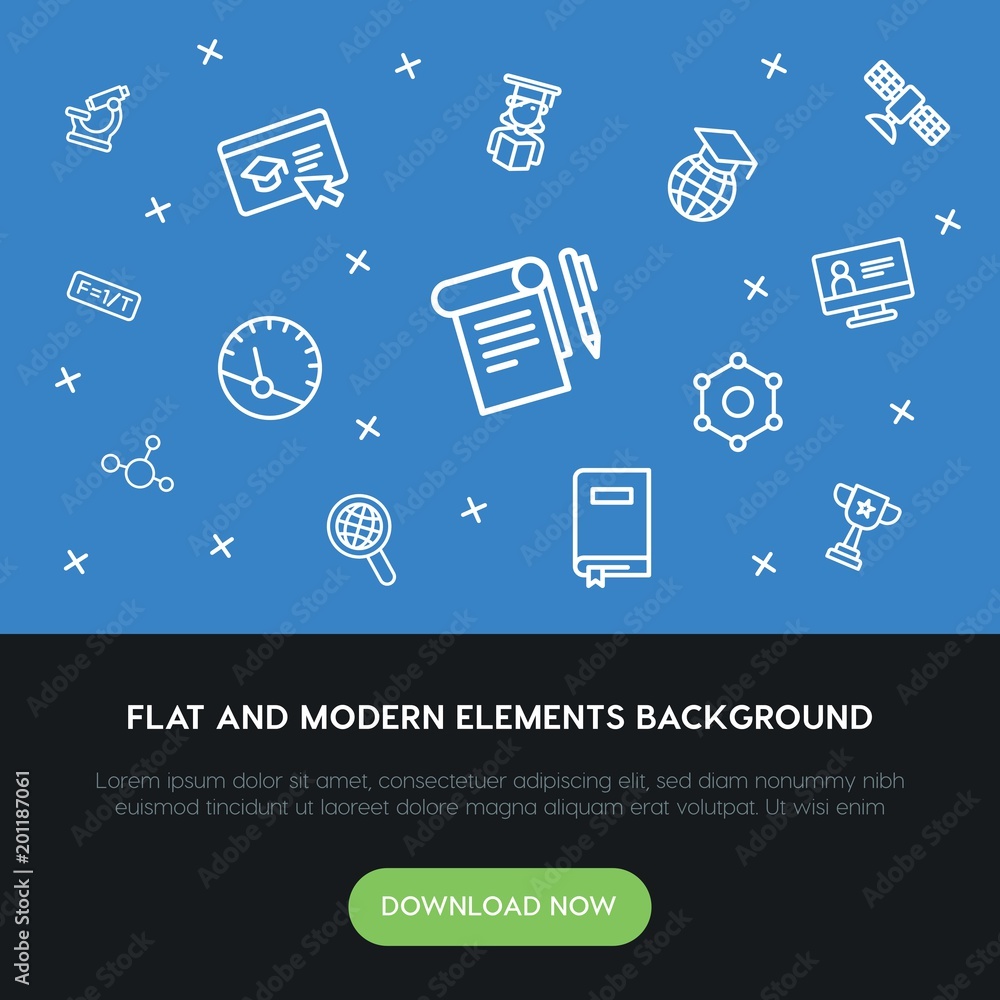Poster science, education outline vector icons and elements background concept on blue background...multipu