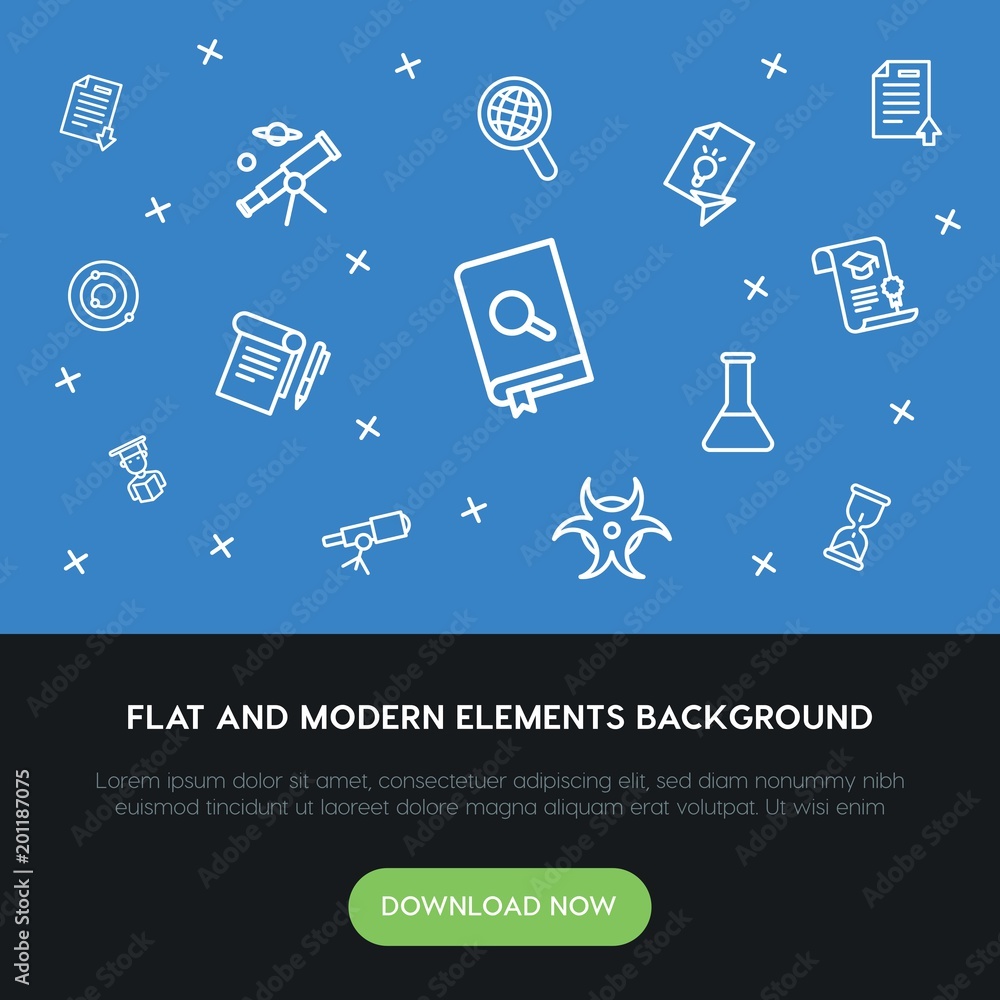 Poster science, education outline vector icons and elements background concept on blue background...multipu