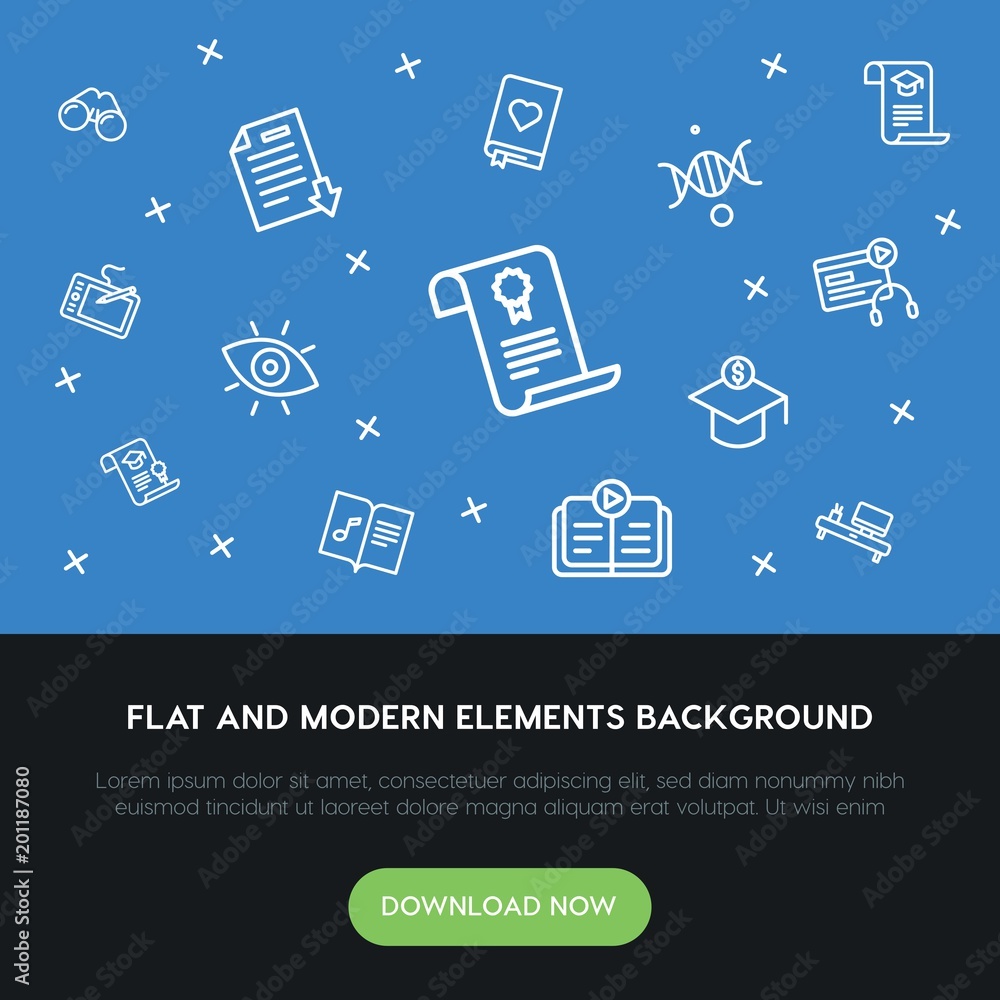 Poster science, education outline vector icons and elements background concept on blue background...multipu