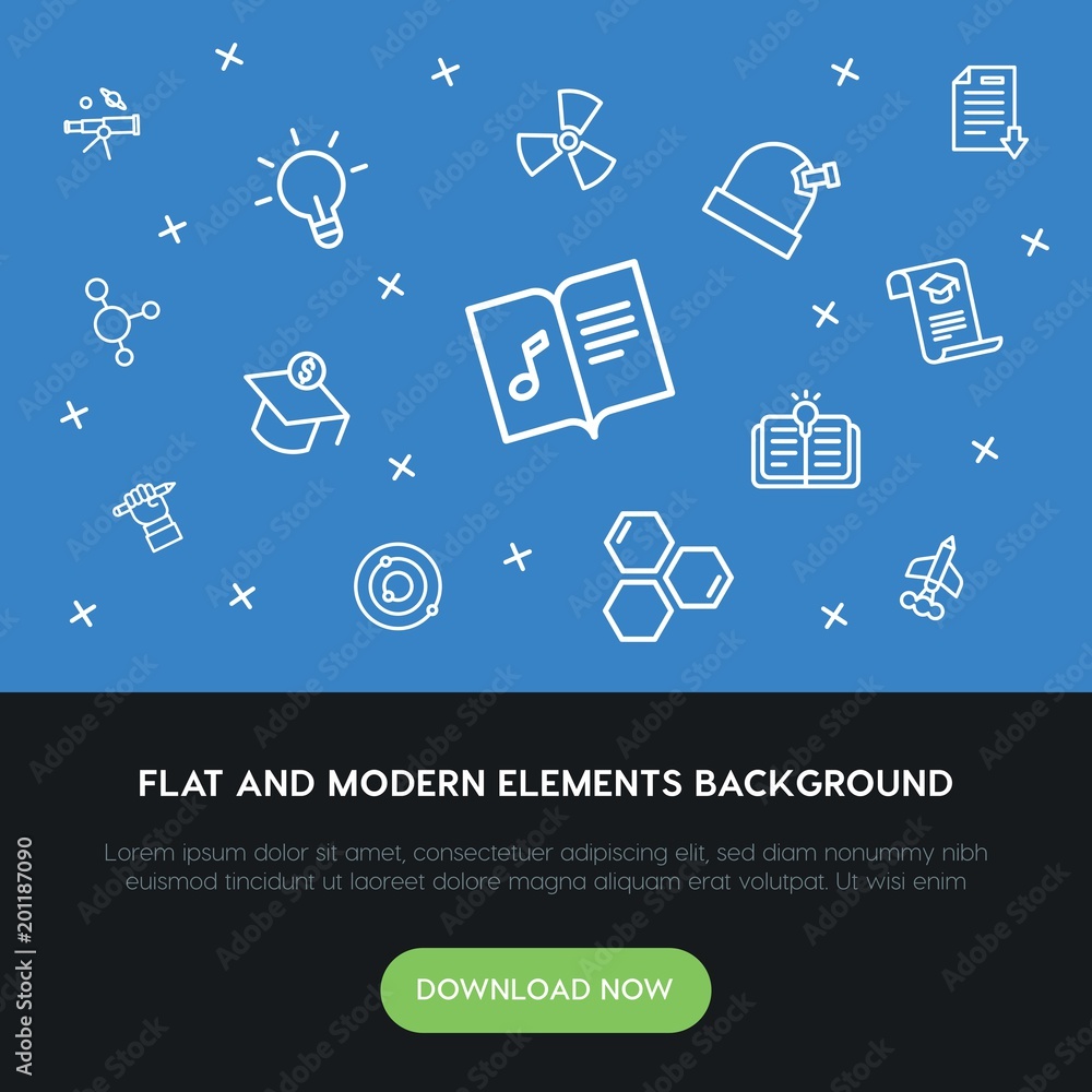 Poster science, education outline vector icons and elements background concept on blue background...multipu