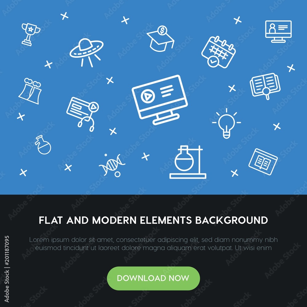 Poster science, education outline vector icons and elements background concept on blue background...multipu