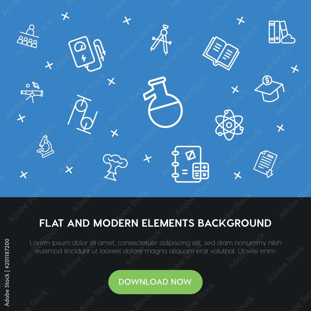 Poster science, education outline vector icons and elements background concept on blue background...multipu