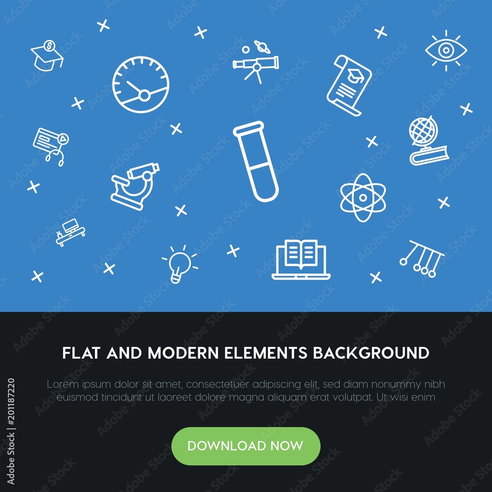 Poster science, education outline vector icons and elements background concept on blue background...multipu
