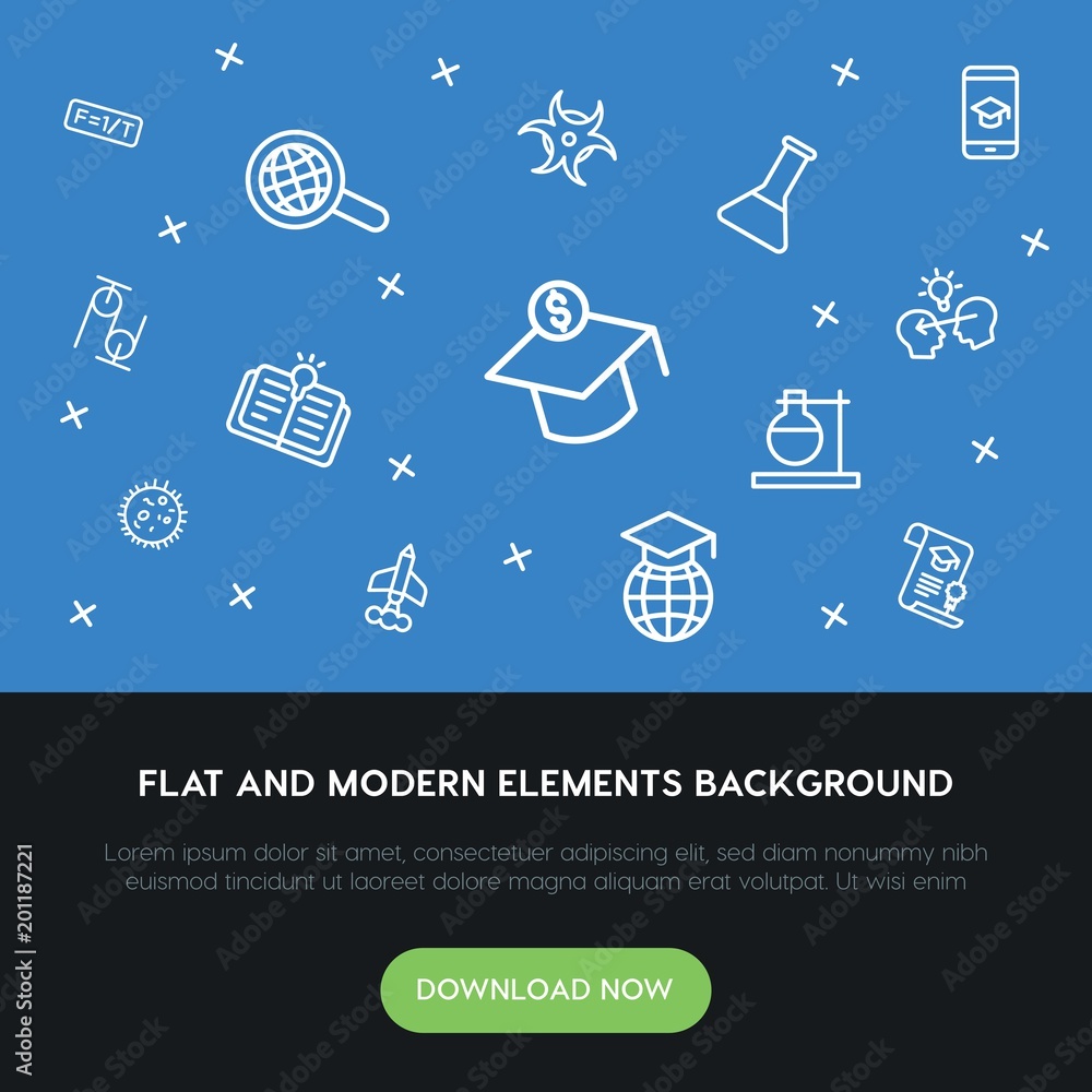 Poster science, education outline vector icons and elements background concept on blue background...multipu