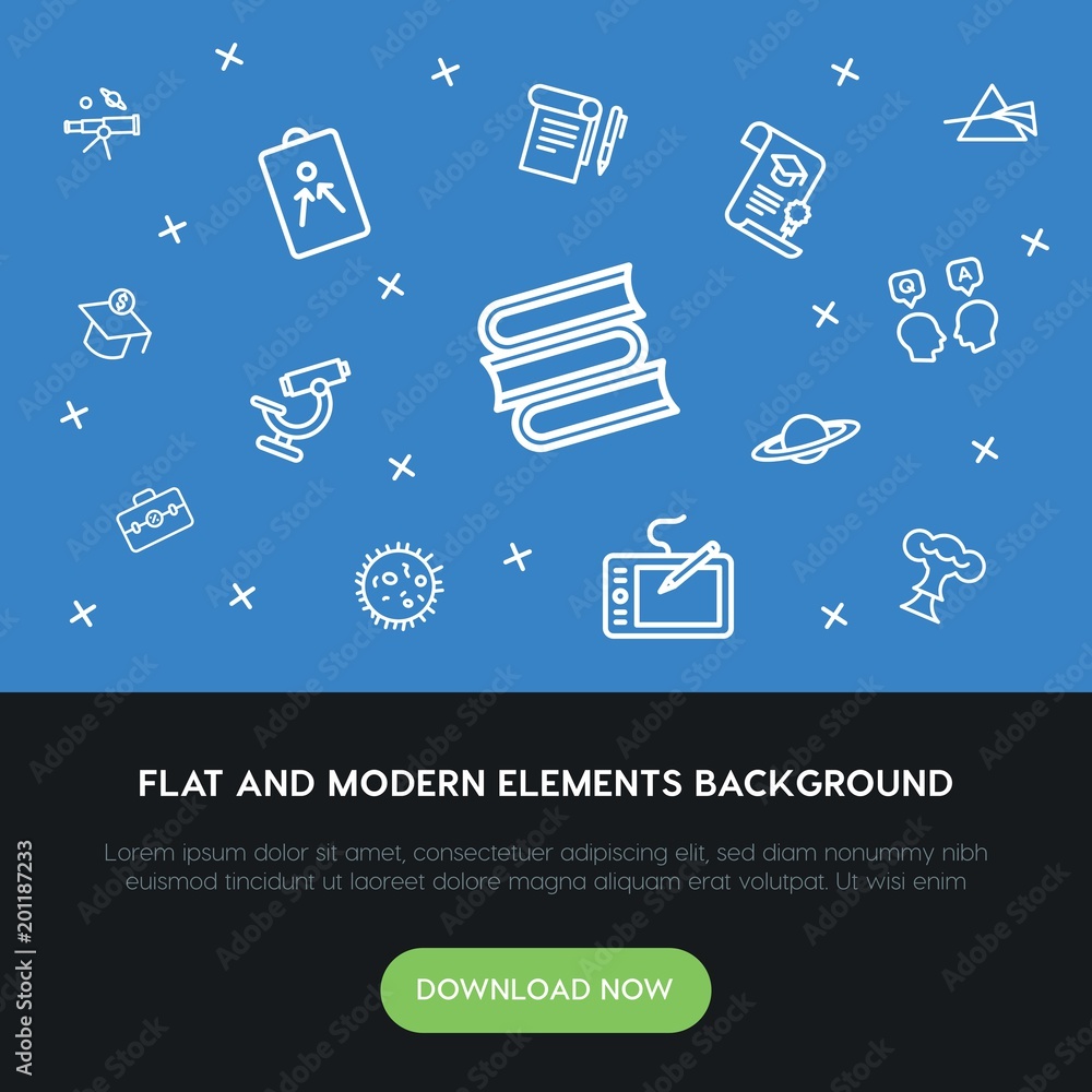 Poster science, education outline vector icons and elements background concept on blue background...multipu