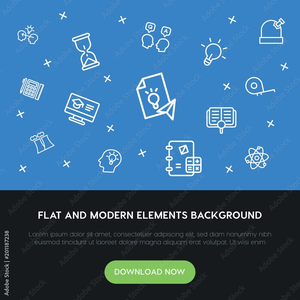Poster science, education outline vector icons and elements background concept on blue background...multipu