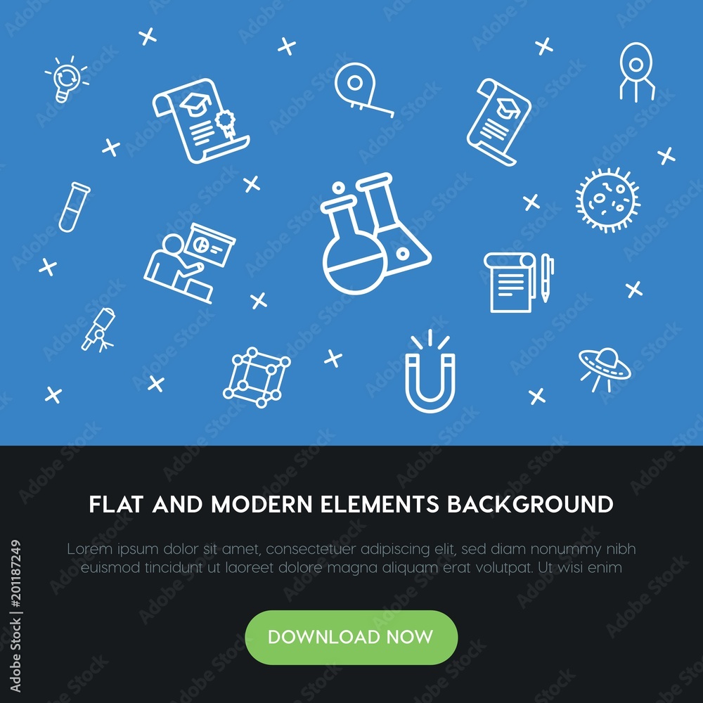 Poster science, education outline vector icons and elements background concept on blue background...multipu