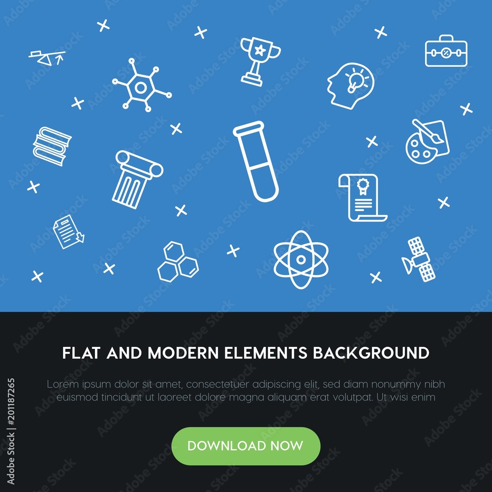 Poster science, education outline vector icons and elements background concept on blue background...multipu