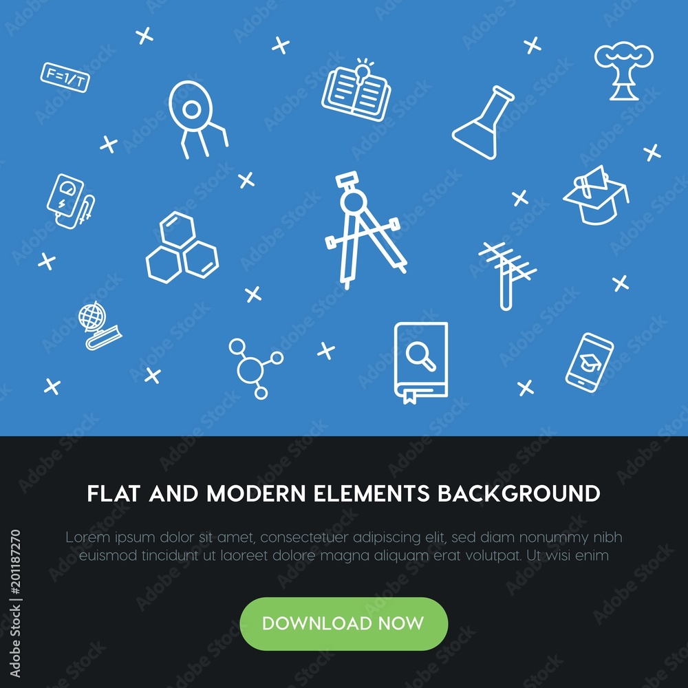 Poster science, education outline vector icons and elements background concept on blue background...multipu