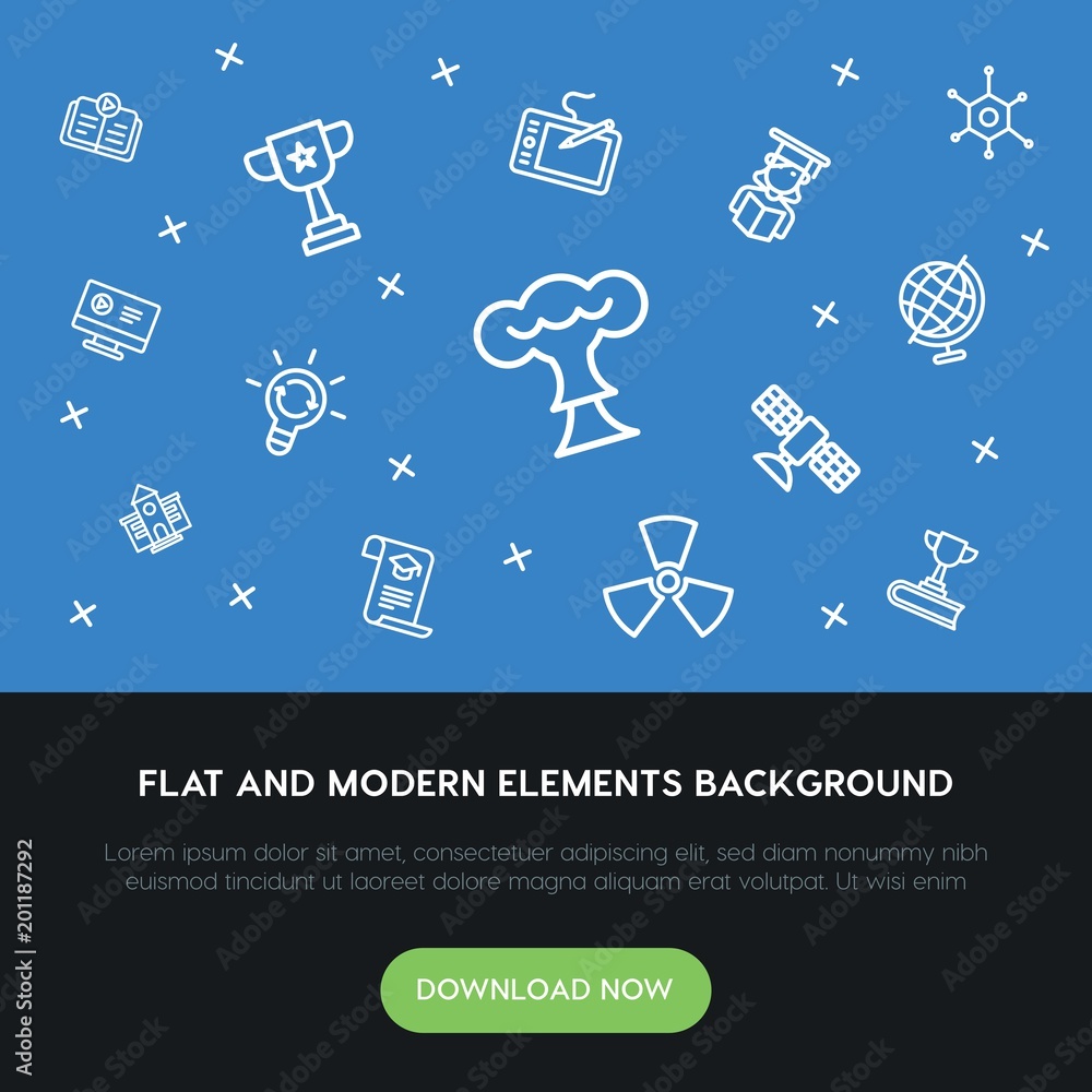 Poster science, education outline vector icons and elements background concept on blue background...multipu