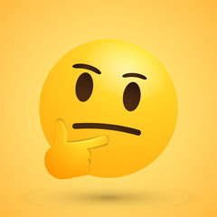 Thinking face emoji in modern style - emoticon face shown with a single finger and thumb resting on the chin glancing upward on yellow background. Vector illustration - eps10 stock image