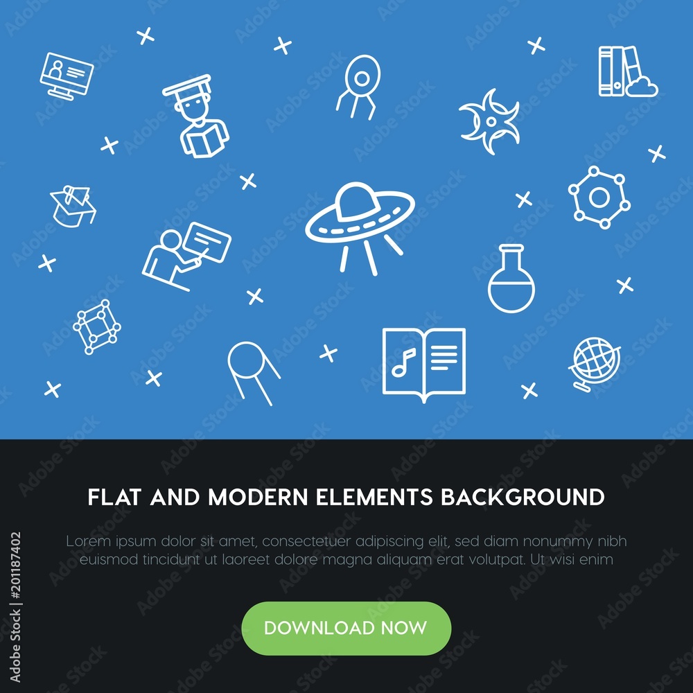 Poster science, education outline vector icons and elements background concept on blue background...multipu