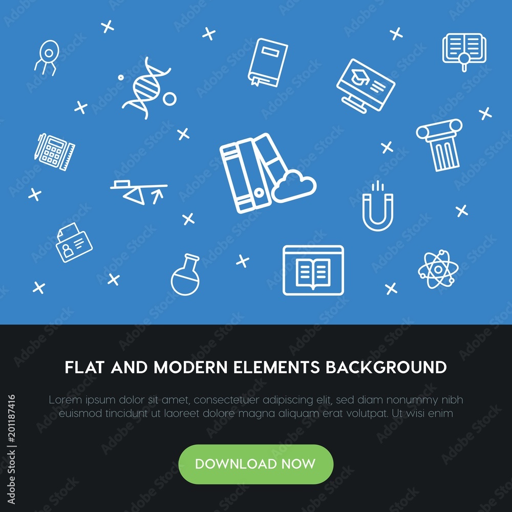 Poster science, education outline vector icons and elements background concept on blue background...multipu