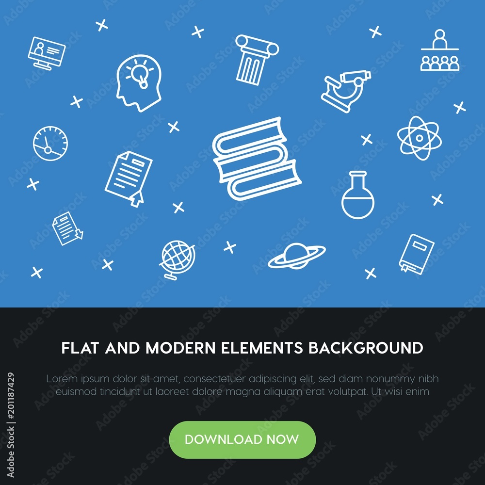 Poster science, education outline vector icons and elements background concept on blue background...multipu