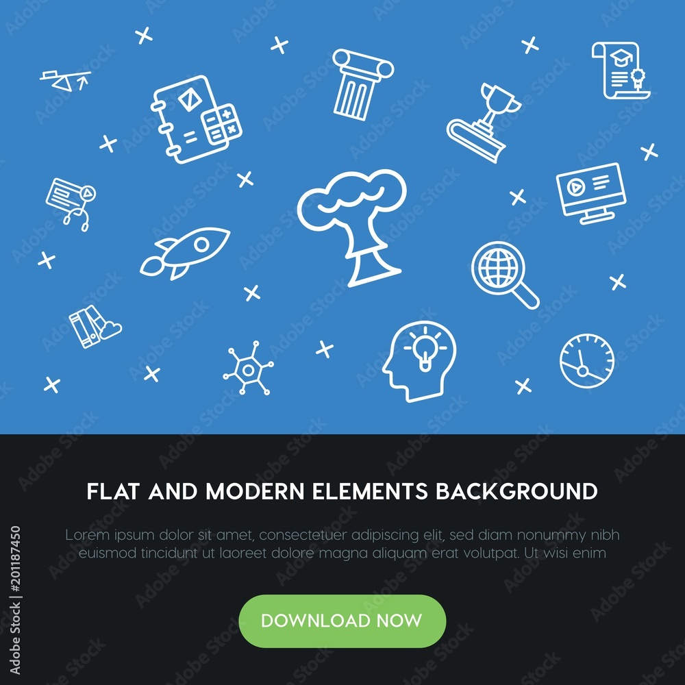Poster science, education outline vector icons and elements background concept on blue background...multipu