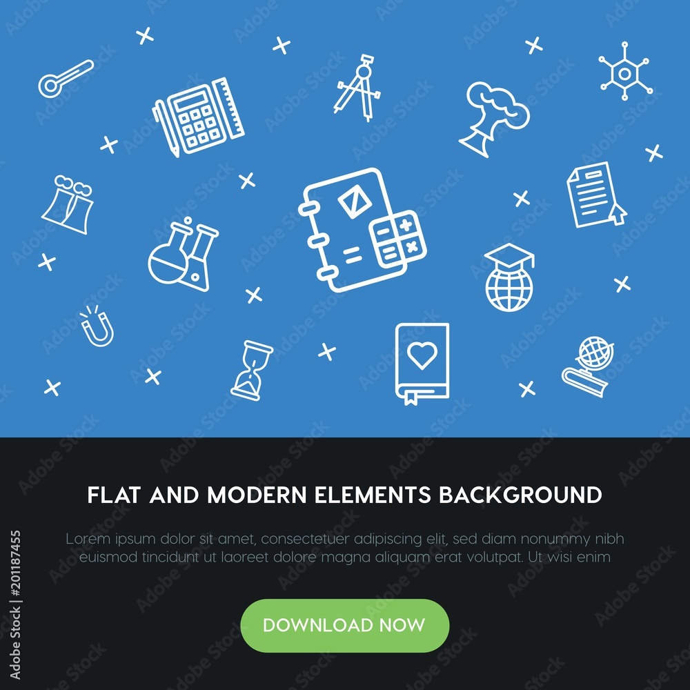 Poster science, education outline vector icons and elements background concept on blue background...multipu