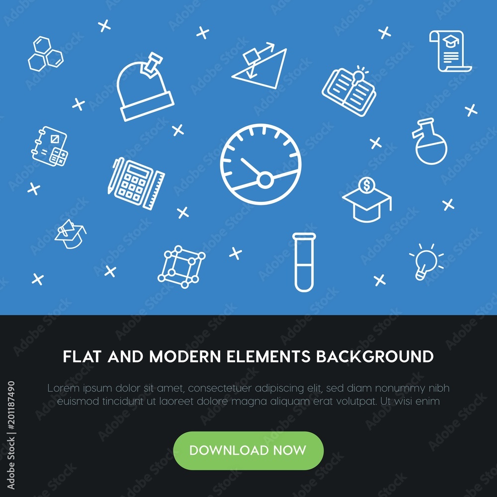 Poster science, education outline vector icons and elements background concept on blue background...multipu
