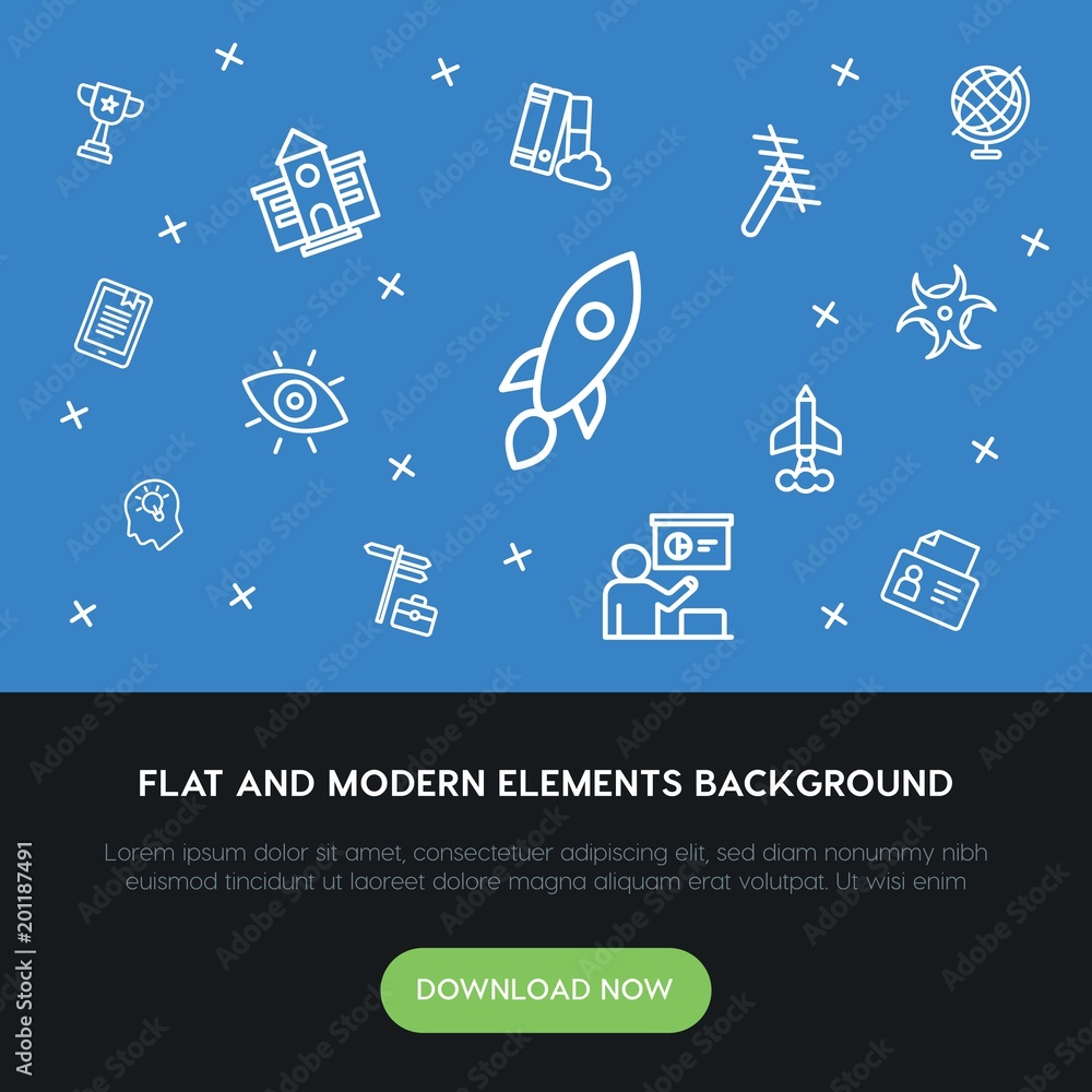 Poster science, education outline vector icons and elements background concept on blue background...multipu