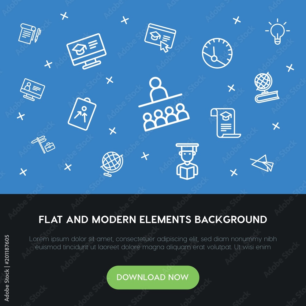 Poster science, education outline vector icons and elements background concept on blue background...multipu