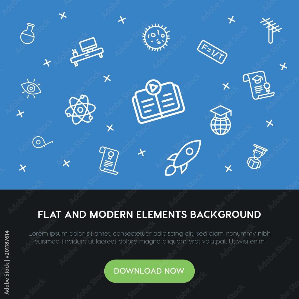 Poster science, education outline vector icons and elements background concept on blue background...multipu