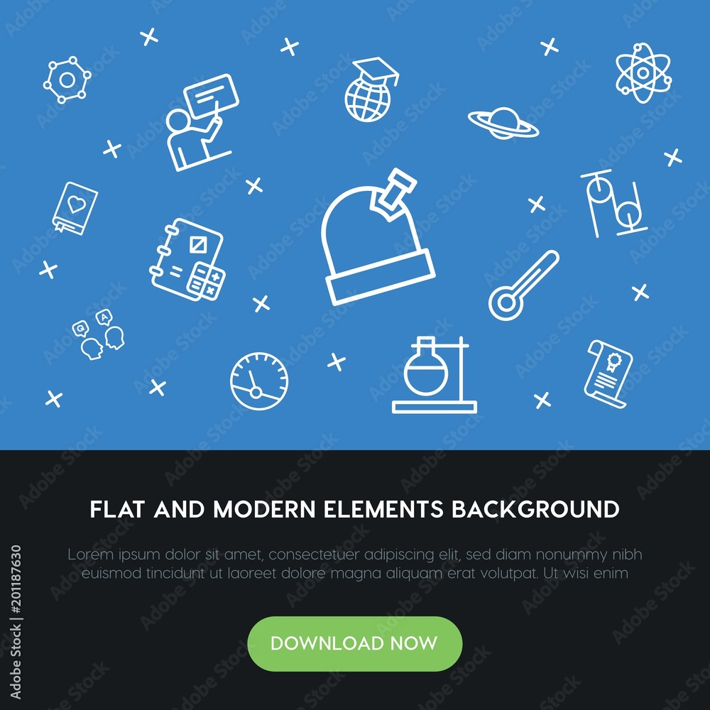 Poster science, education outline vector icons and elements background concept on blue background...multipu