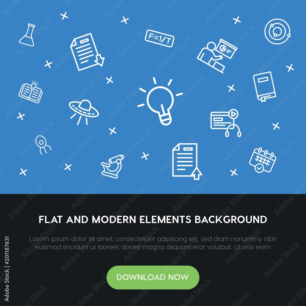 Poster science, education outline vector icons and elements background concept on blue background...multipu