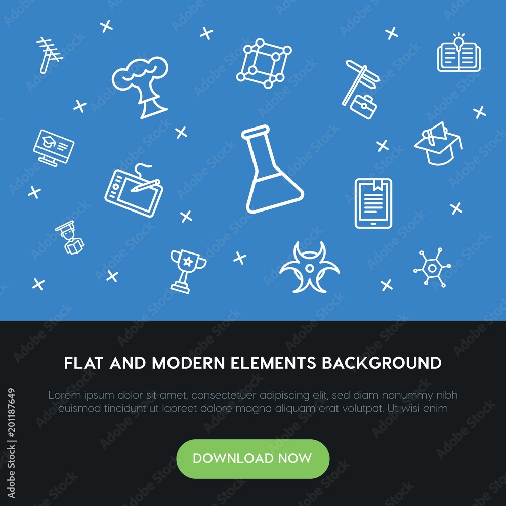 Poster science, education outline vector icons and elements background concept on blue background...multipu