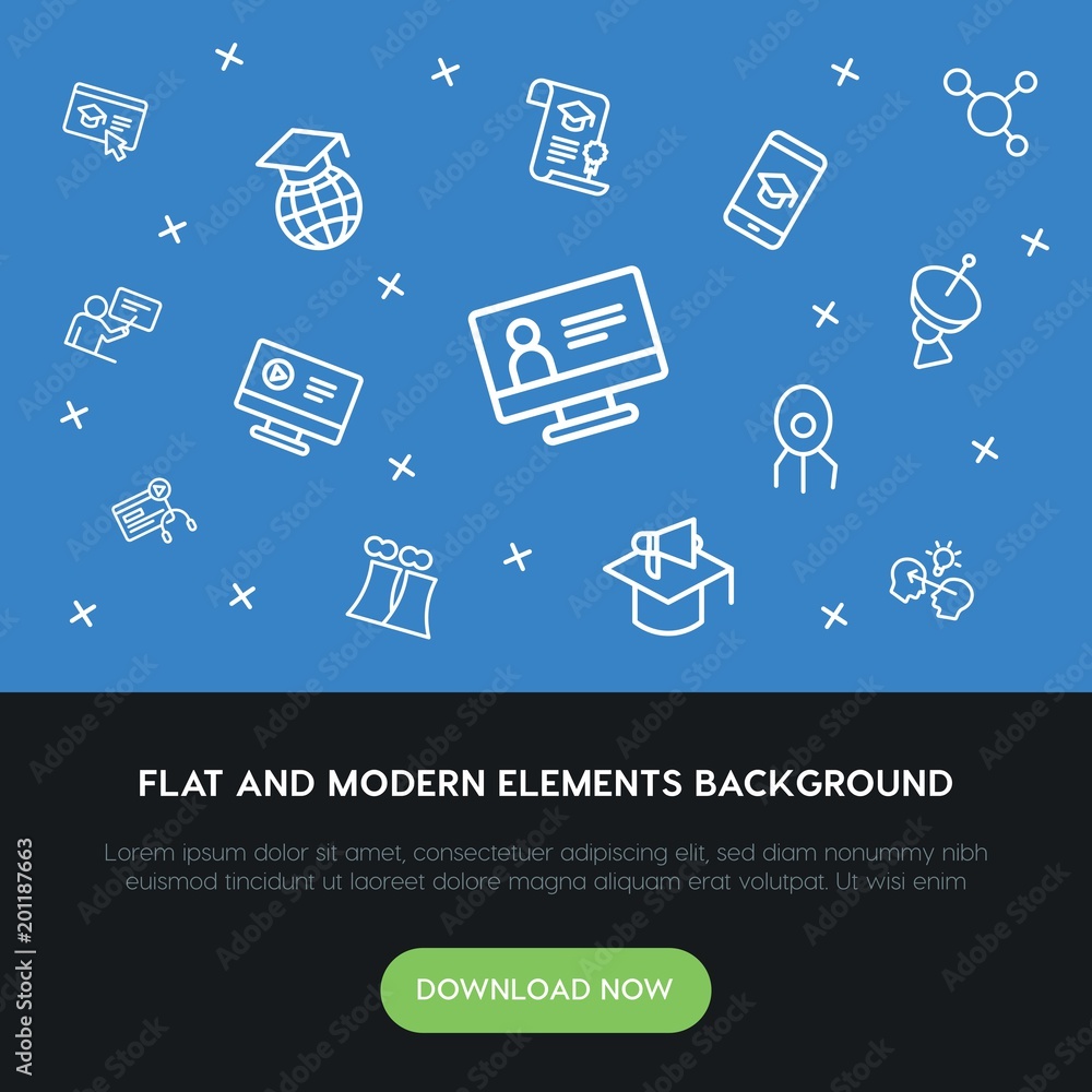 Poster science, education outline vector icons and elements background concept on blue background...Multipurpose use on websites, presentations, brochures and more