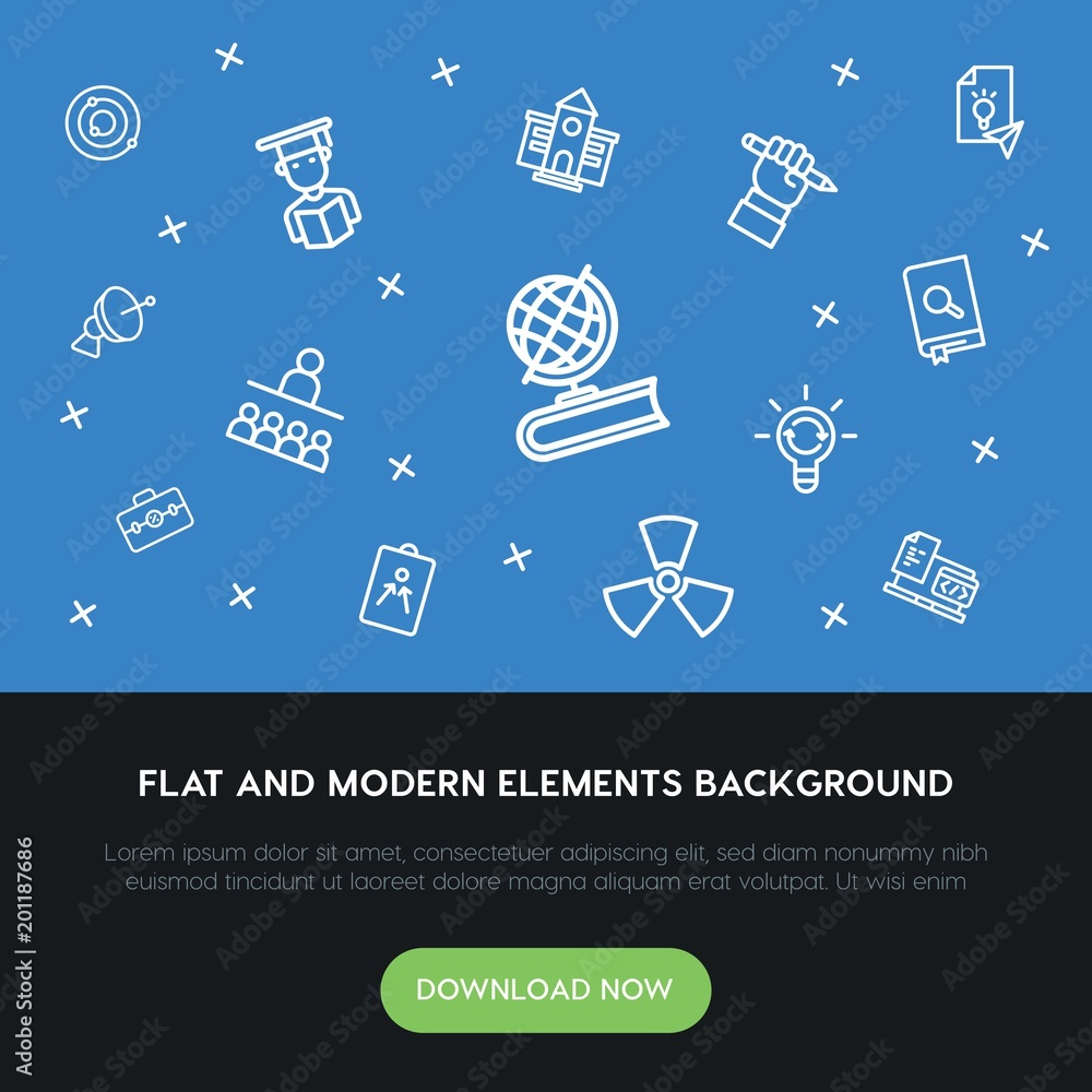Poster science, education outline vector icons and elements background concept on blue background...multipu