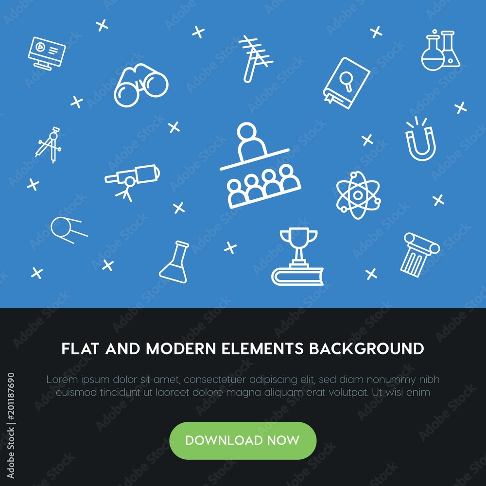 Poster science, education outline vector icons and elements background concept on blue background...multipu
