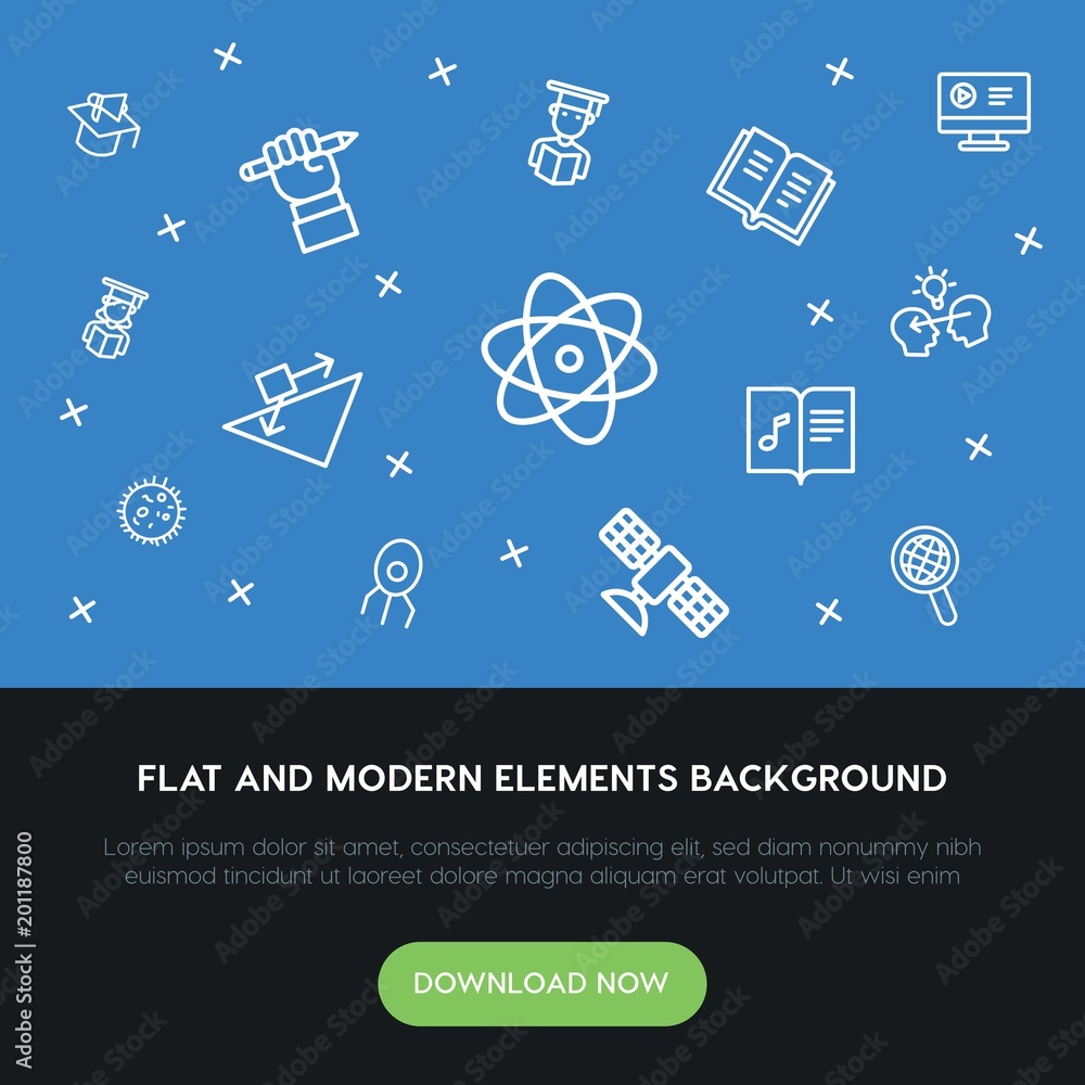 Poster science, education outline vector icons and elements background concept on blue background...multipu