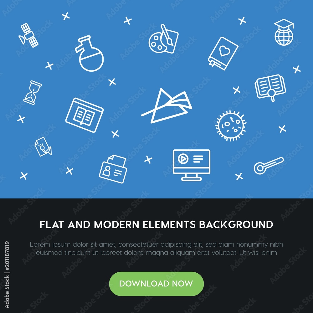 Poster science, education outline vector icons and elements background concept on blue background...multipu