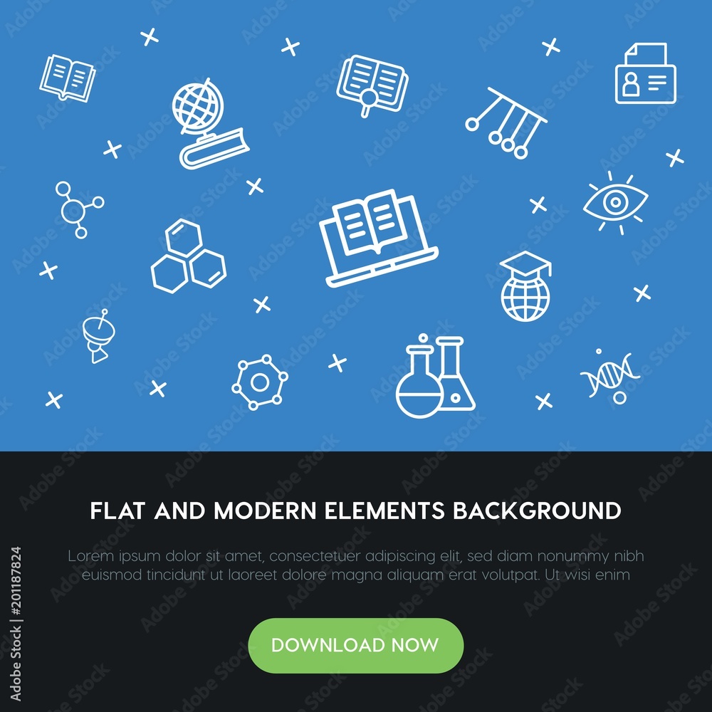 Poster science, education outline vector icons and elements background concept on blue background...multipu