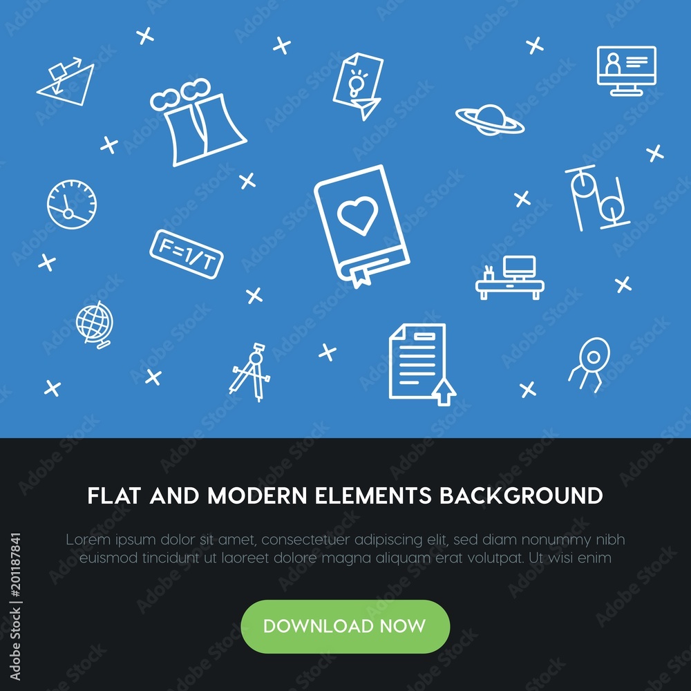 Poster science, education outline vector icons and elements background concept on blue background...multipu