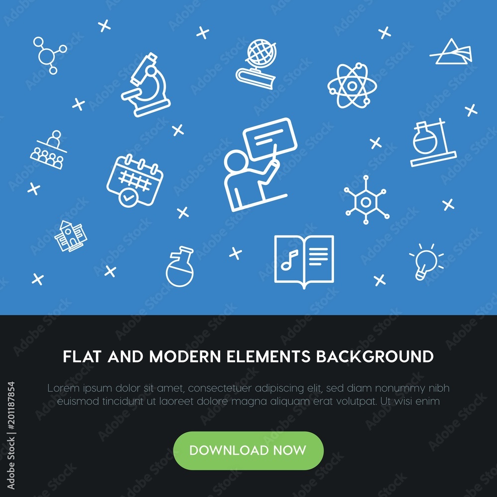 Poster science, education outline vector icons and elements background concept on blue background...multipu