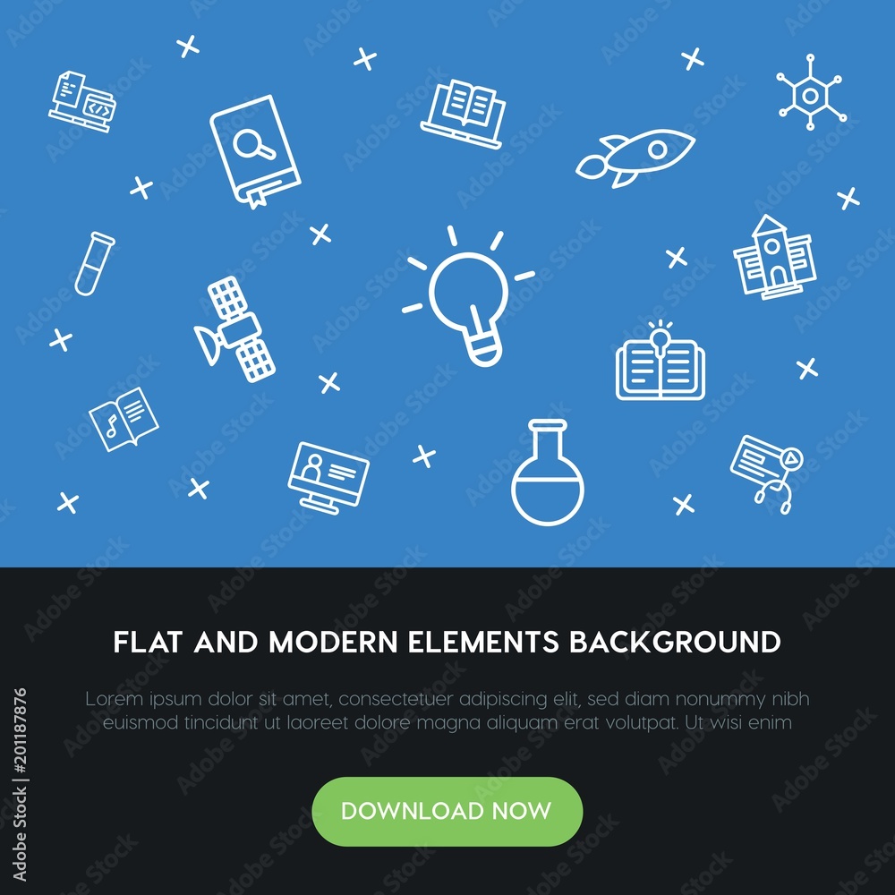 Poster science, education outline vector icons and elements background concept on blue background...multipu