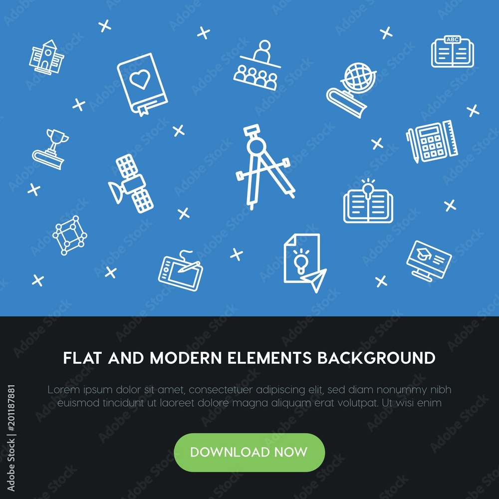 Poster science, education outline vector icons and elements background concept on blue background...multipu