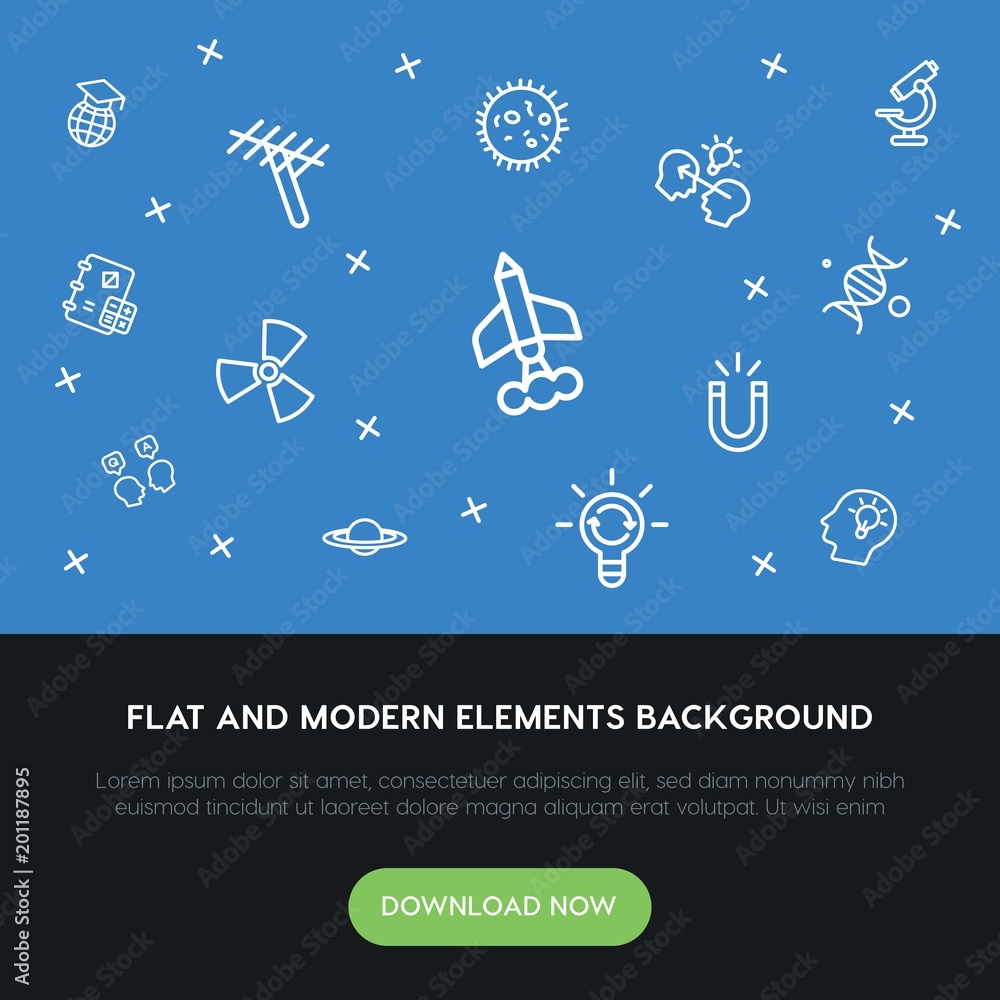 Poster science, education outline vector icons and elements background concept on blue background...multipu