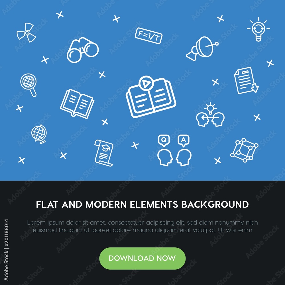 Poster science, education outline vector icons and elements background concept on blue background...multipu