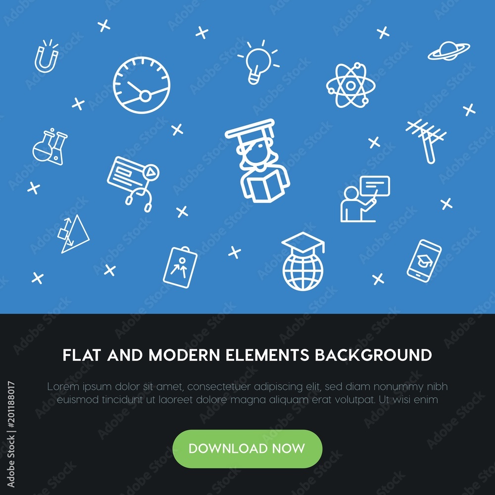 Poster science, education outline vector icons and elements background concept on blue background...multipu