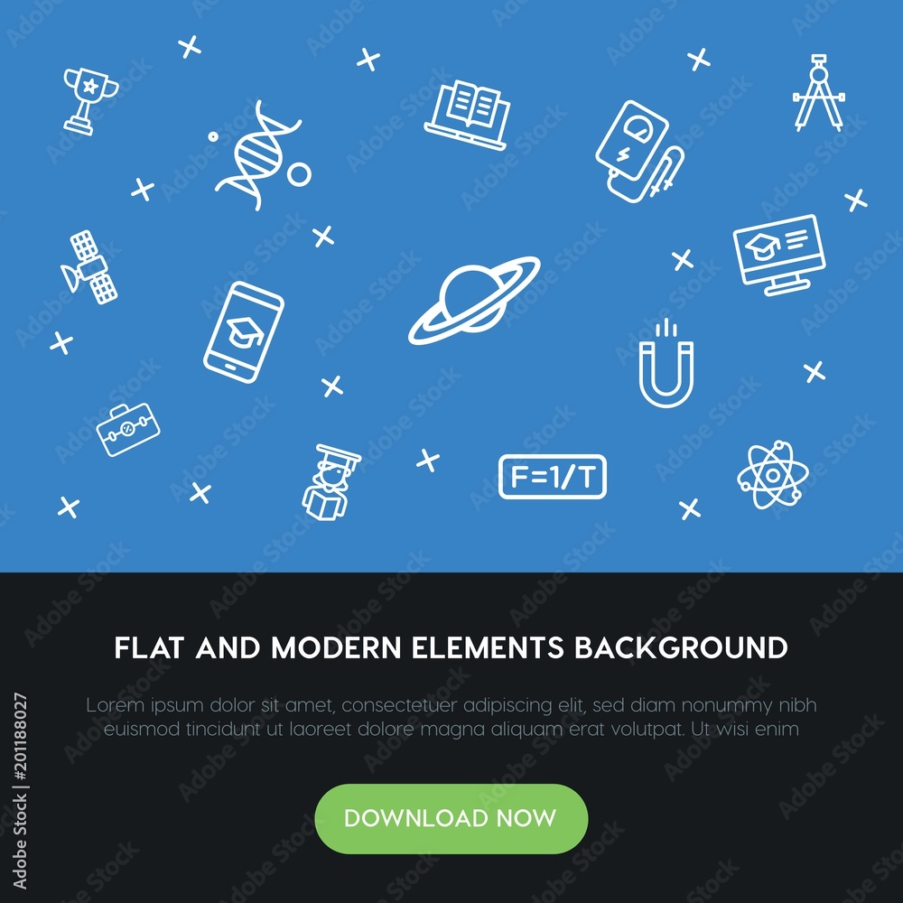 Poster science, education outline vector icons and elements background concept on blue background...Multipurpose use on websites, presentations, brochures and more