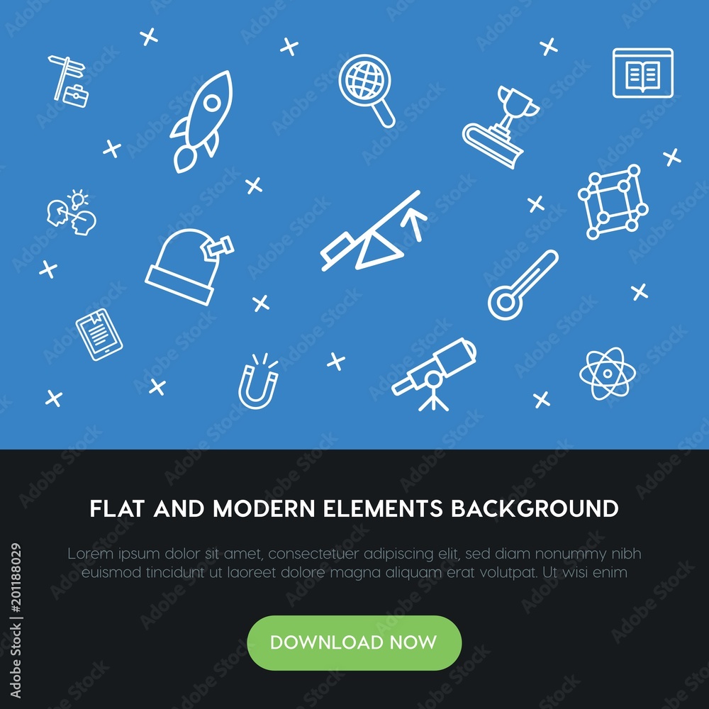 Poster science, education outline vector icons and elements background concept on blue background...multipu